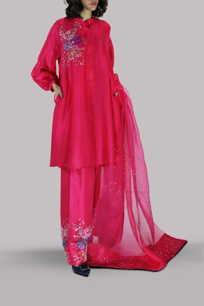 Muse Luxe | Virtual Pink Embellished Raw Silk Set