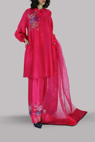 Muse Luxe | Virtual Pink Embellished Raw Silk Set