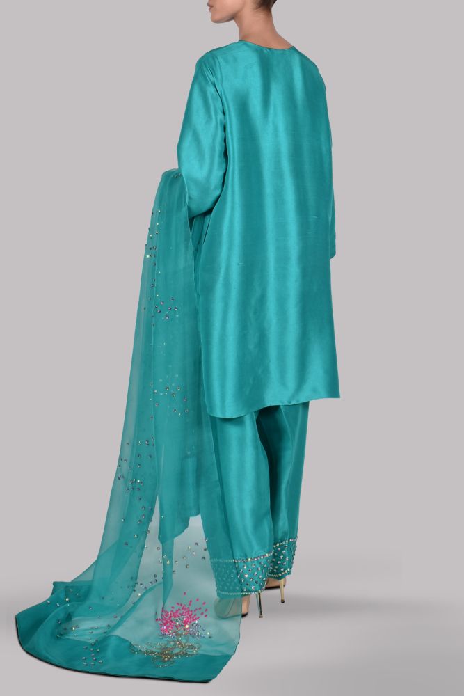 MUSE LUXE | VEREDIAN GREEN EMBELLISHED RAW SILK SET