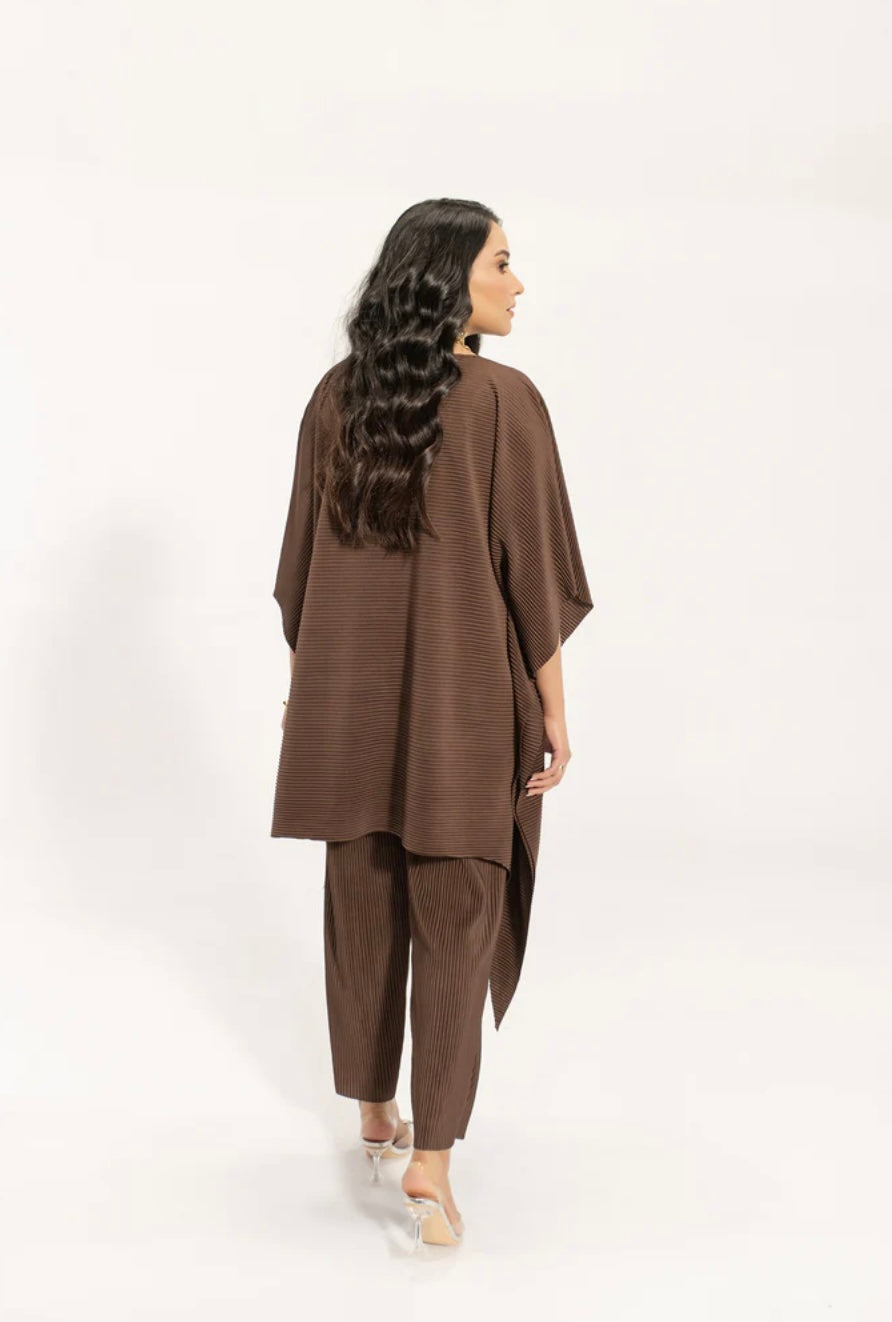 Hassal | Kiraz Brown Asymmetric Pleated Set