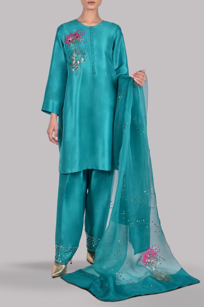 MUSE LUXE | VEREDIAN GREEN EMBELLISHED RAW SILK SET