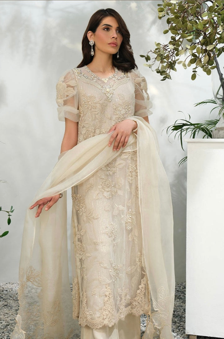 FARIDA HASAN SUMMER HIGH’24 | CREAM ROSE NET WITH PANTS & DUPATTA
