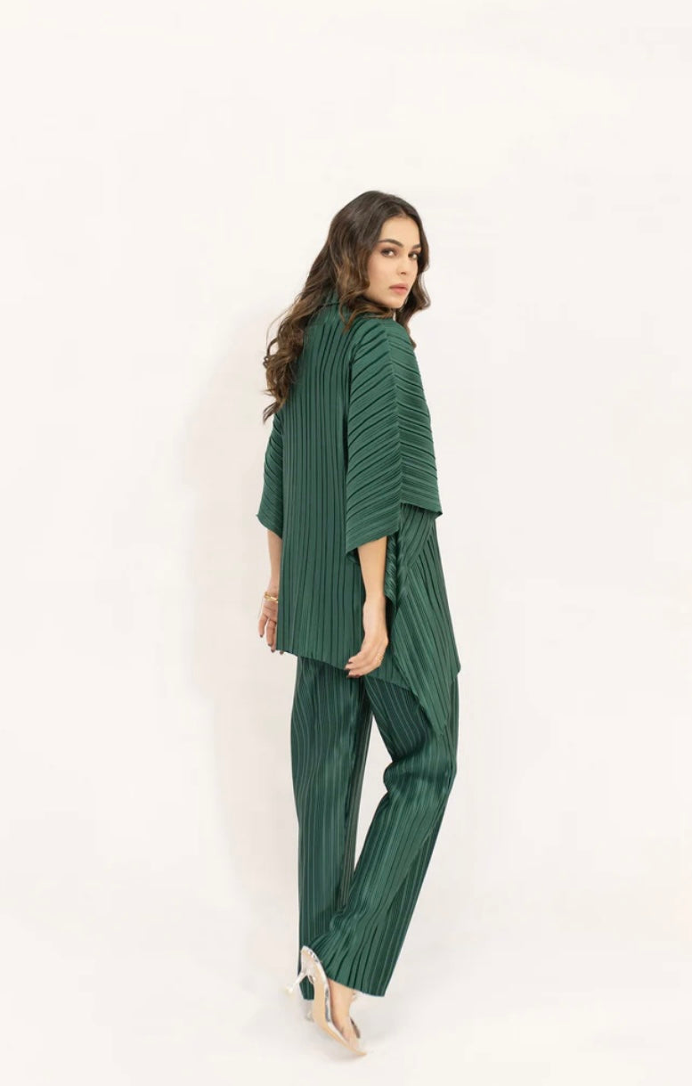 Hassal | Sevda Dark Green Pleated Set