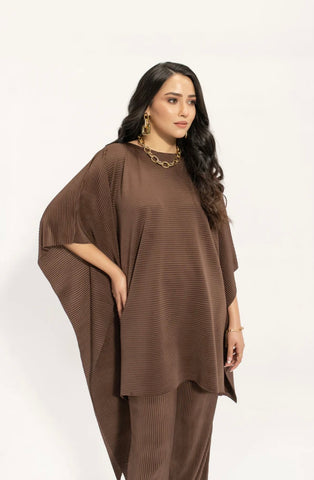 Hassal | Kiraz Brown Asymmetric Pleated Set