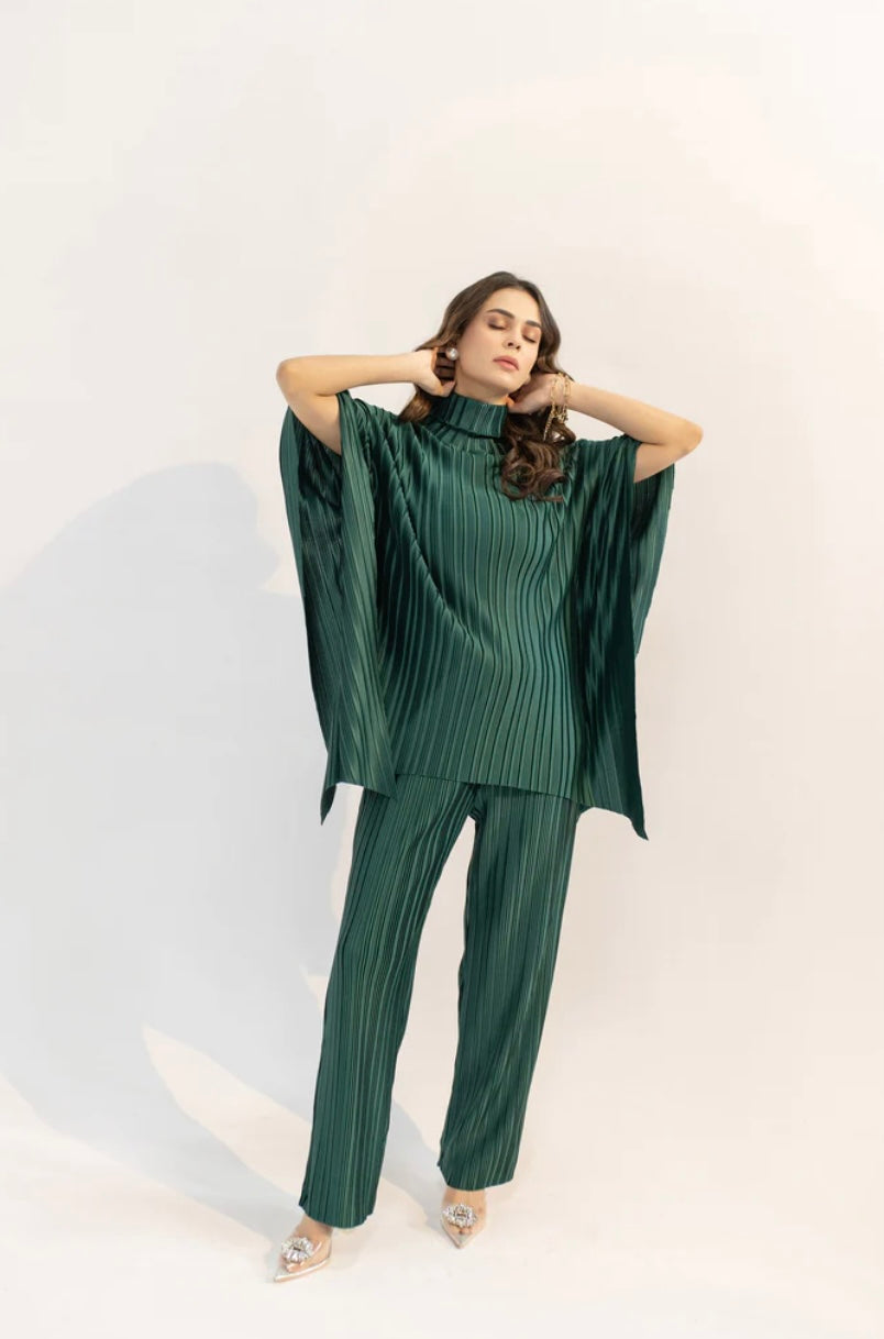 Hassal | Sevda Dark Green Pleated Set