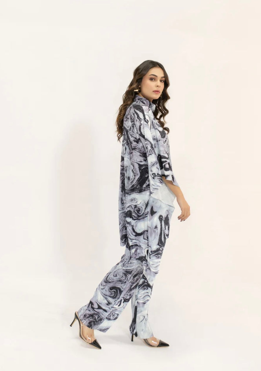 Hassal | Yasmin Blue Marble Pleated Set