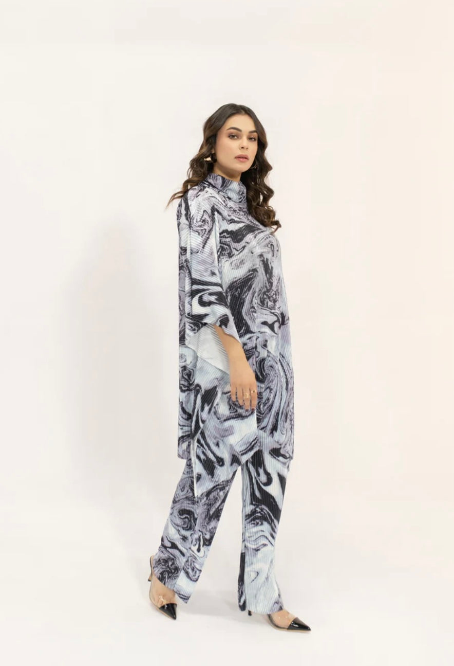 Hassal | Yasmin Blue Marble Pleated Set