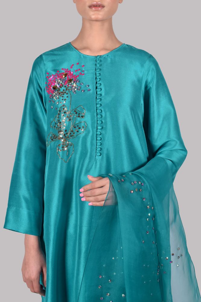 MUSE LUXE | VEREDIAN GREEN EMBELLISHED RAW SILK SET
