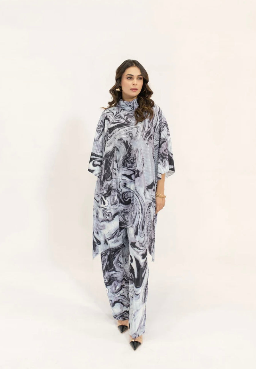 Hassal | Yasmin Blue Marble Pleated Set