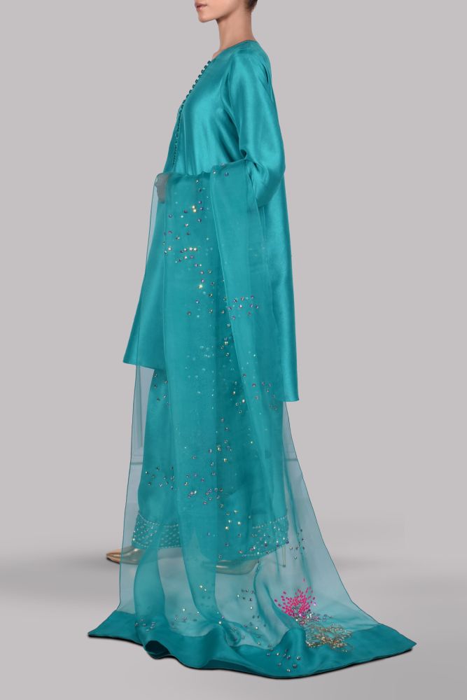 MUSE LUXE | VEREDIAN GREEN EMBELLISHED RAW SILK SET