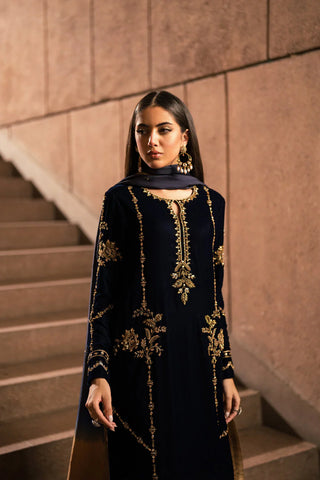 AMMARA KHAN RENDEZVOUS’24 | BLUE AND BRONZE GOLD VELVET SET