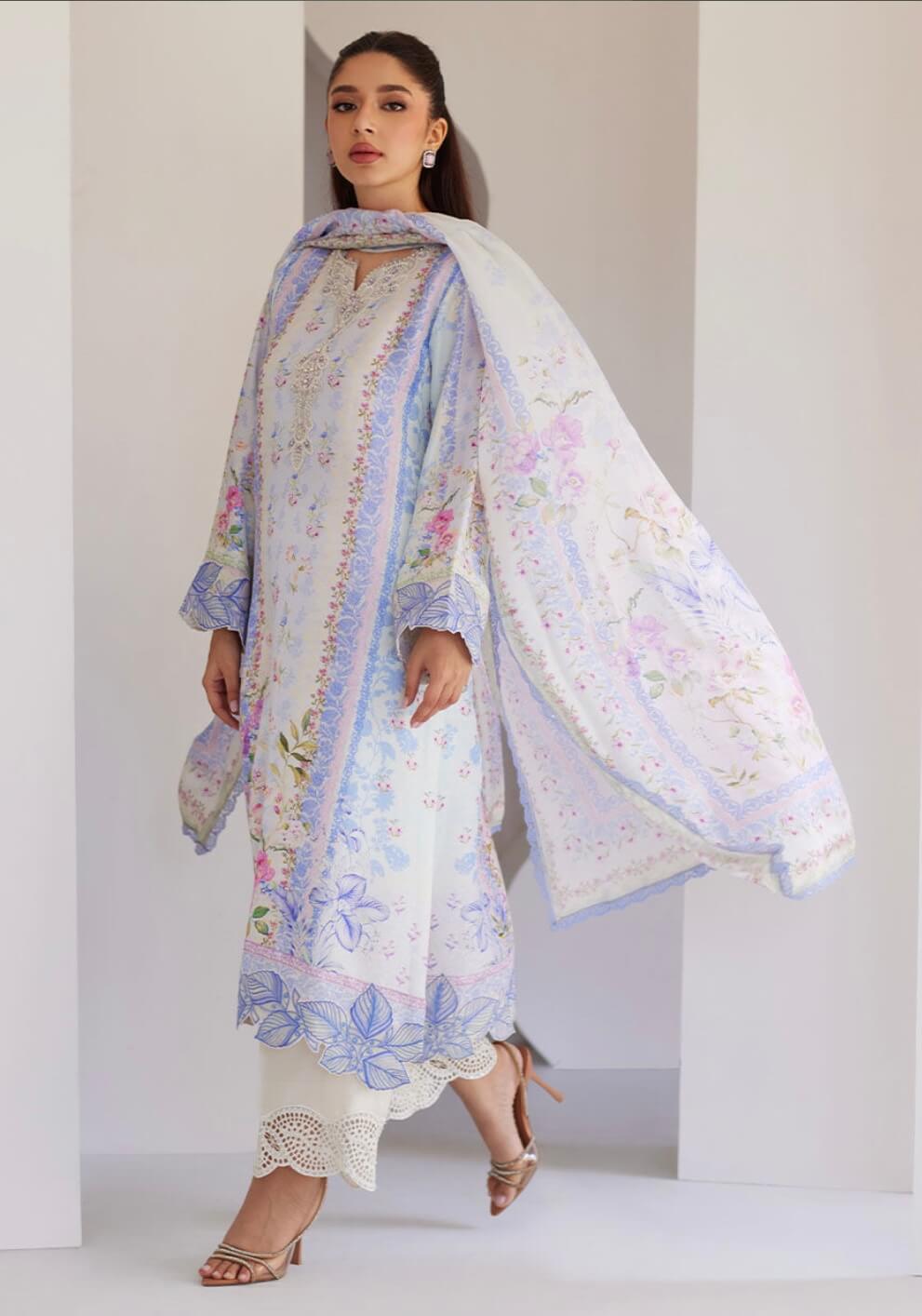 FARAH TALIB AZIZ ‘TARA LUXE SILK PRET’25 | ZORYA ICE BLUE SHIRT & DUPATTA